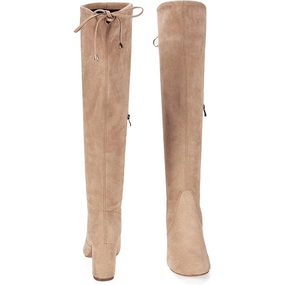Women's Sand Suede Inner Zipper Thigh High Over The Knee High Square Heel Boots